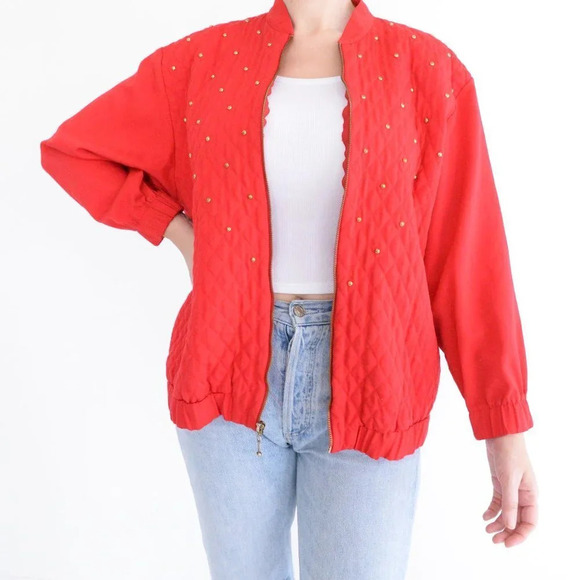 Vintage Megan Moore Red with Gold Bead Stud Zip Up Bomber Jackets Size  8 - Picture 1 of 11